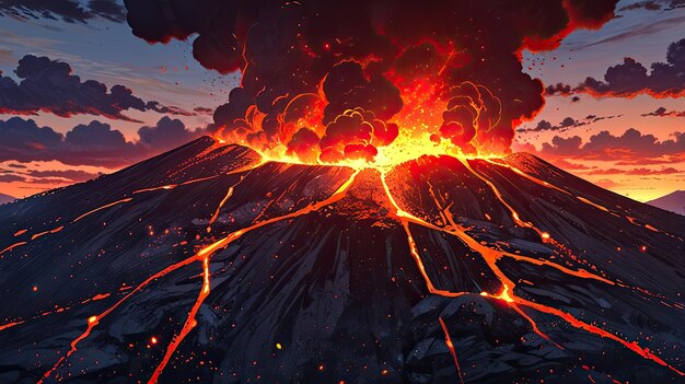 Photo a digital painting of a volcano with a volcano in the background