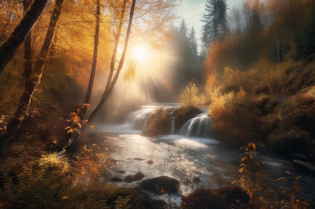 A digital painting of a waterfall in autumn