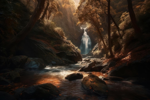 A digital painting of a waterfall in the forest