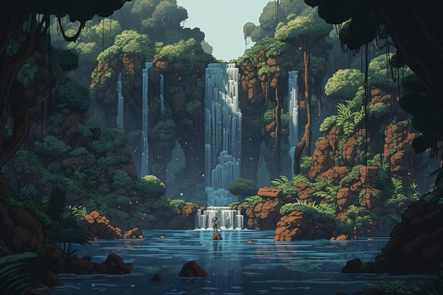 A digital painting of a waterfall in a forest