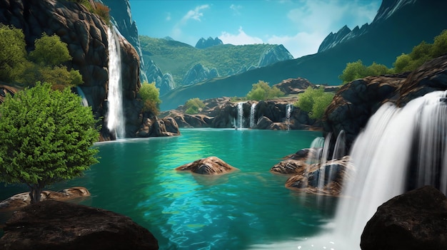 A digital painting of a waterfall in a mountain landscape