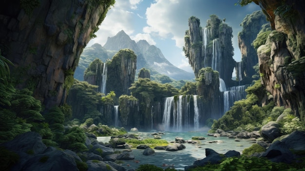 a digital painting of a waterfall with a waterfall in the background.