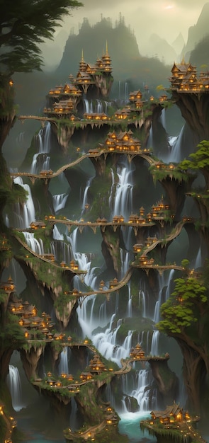 A digital painting of a waterfall with a waterfall and a castle on it