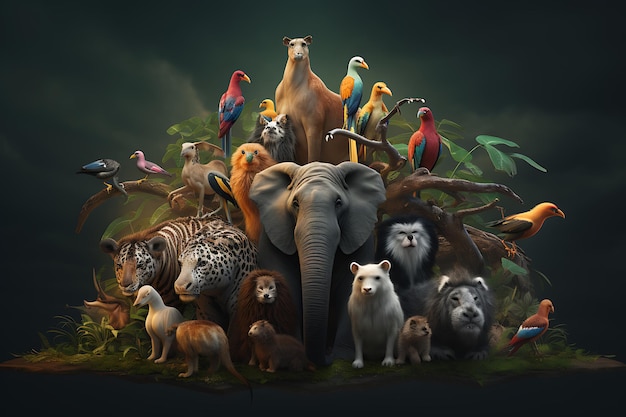 a digital painting of a wild animal with a bunch of birds on it