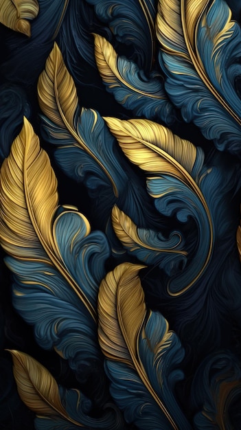 Digital Painting with Blue and Gold Leaves on Black Background AI Generated