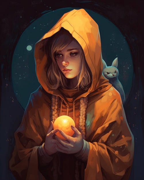 A digital painting of a woman holding a glowing ball and a cat on the back.