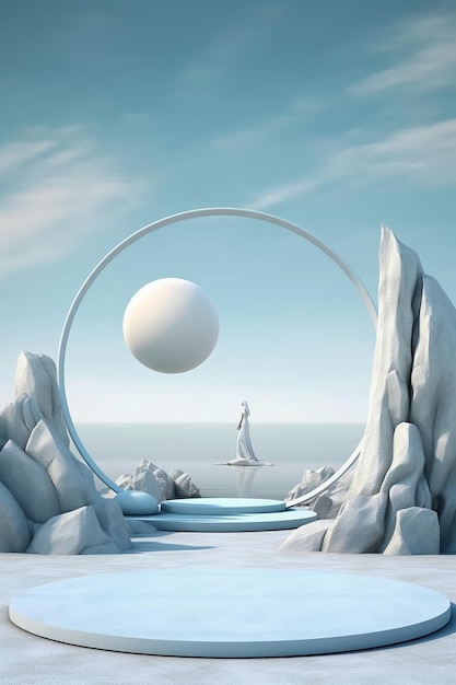 A digital painting of a woman standing in front of a circle with a white sphere in the middle.