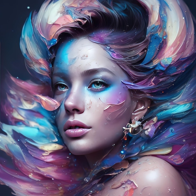 A digital painting of a woman with colorful hair and a blue eye.