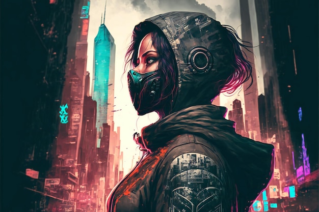 Digital painting of woman with futuristic mask standing in the cyberpunk city