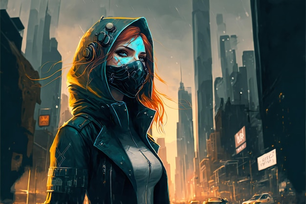 Digital painting of woman with futuristic mask standing in the cyberpunk city