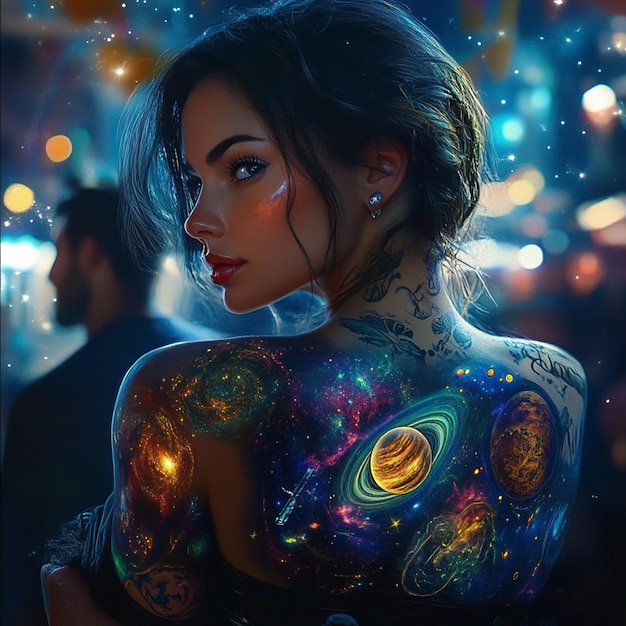 Digital Painting Woman with Intricate Cosmic Tattoo of Planets and Glaxies