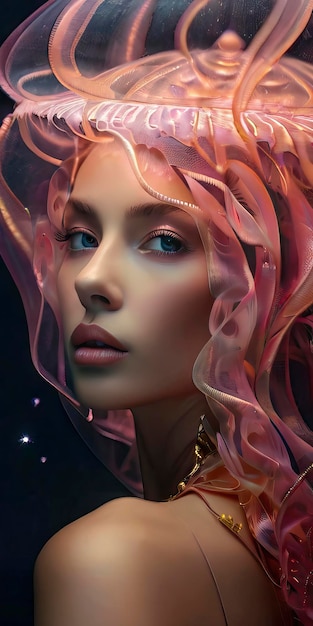 a digital painting of a woman with pink hair and a pink flower in the middle