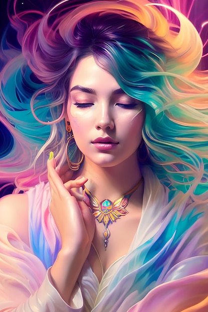 A digital painting woman with a rainbow colored dress is shown with a colorful background composite