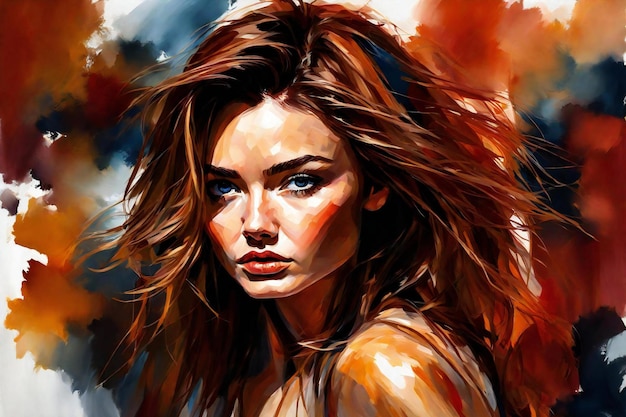 Digital painting of a woman with red hair Portrait of a beautiful girl with long hair