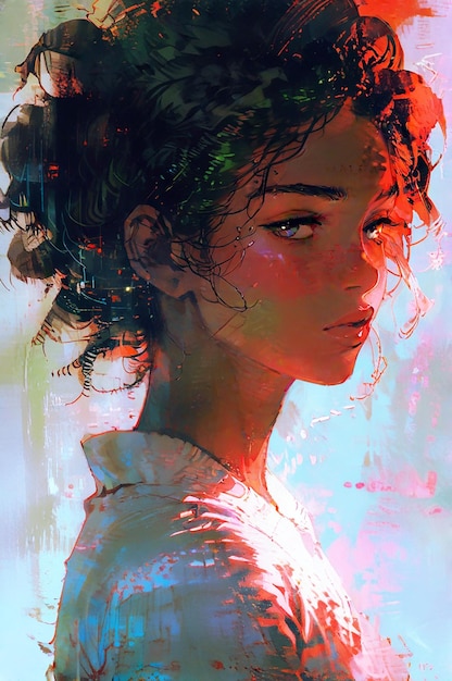 A digital painting of a woman with vibrant curly hair