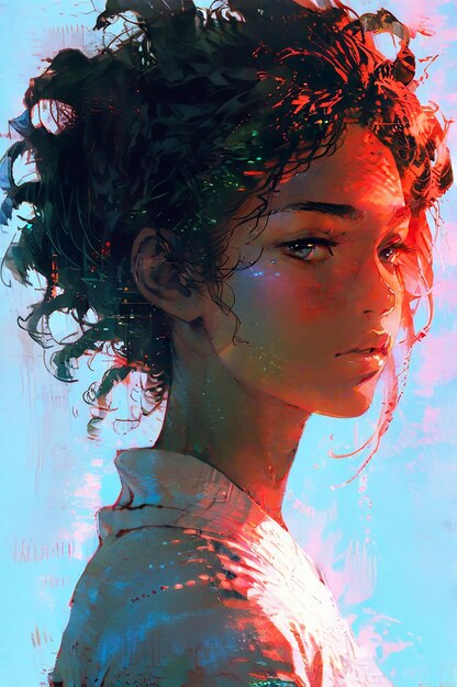 A digital painting of a woman with vibrant curly hair