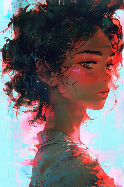 A digital painting of a woman with vibrant curly hair