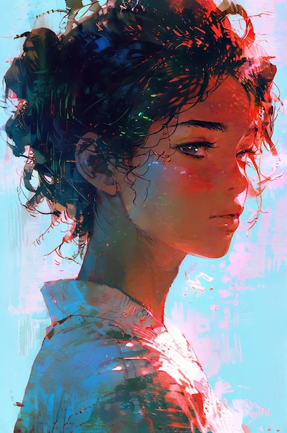 A digital painting of a woman with vibrant curly hair