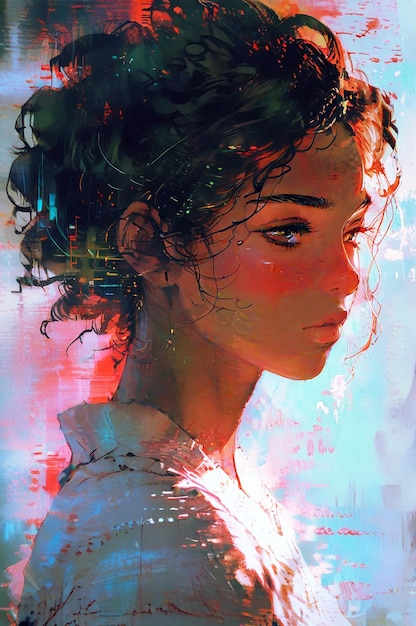 A digital painting of a woman with vibrant curly hair