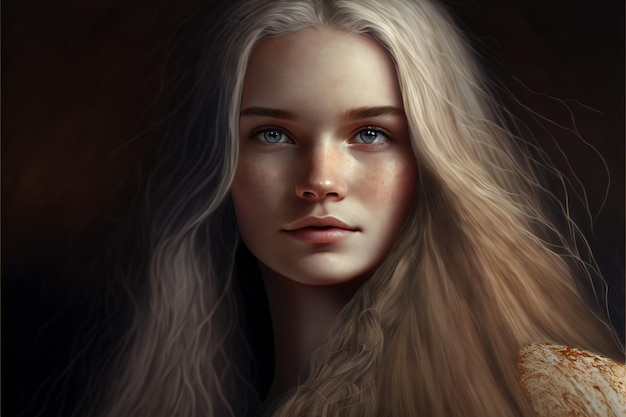 Digital painting young beautiful woman with a long hair people expressions