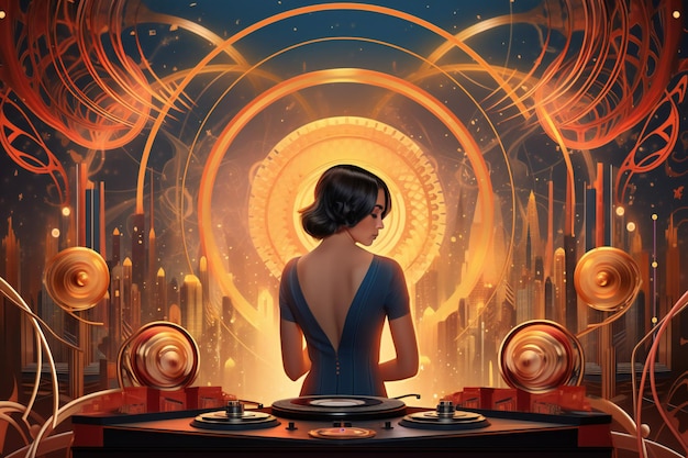 Digital painting young woman dj listening music people women