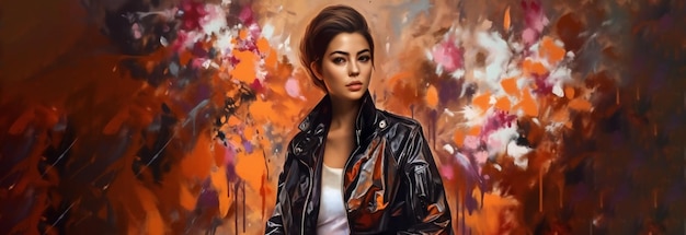 Digital painting young woman in leather jacket people portraits