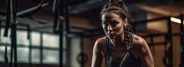 Digital painting young woman working out with battle ropes at a gym sports