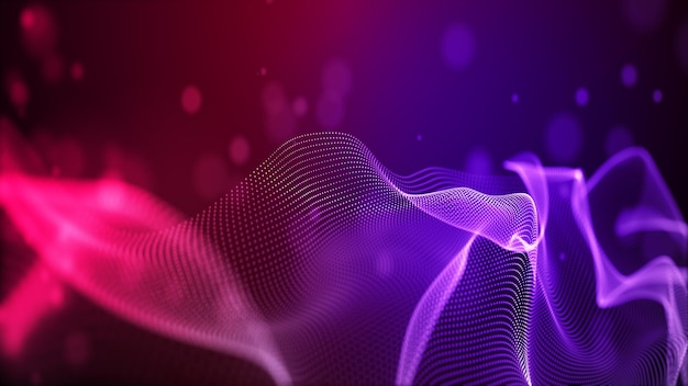 Digital particle wave floor red and purple color abstract background 3D rendering