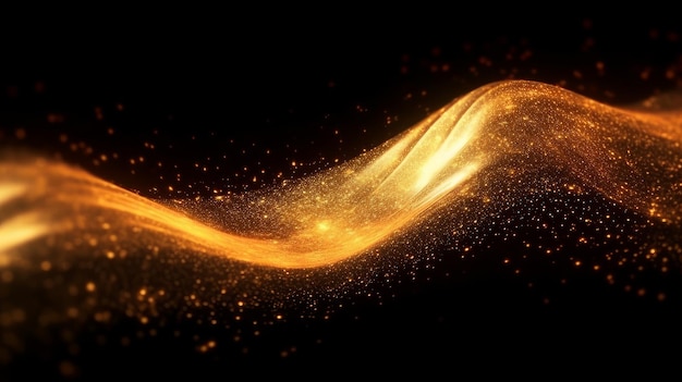 Digital particles of a flowing wave of golden color Generative AI