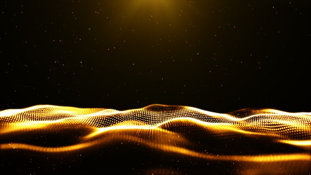 Digital particles wave flow gold color with bokeh abstract motion background concept