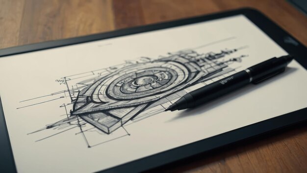 Photo digital pen resting on a graphic tablet with creative sketches symbolizing innovation and art