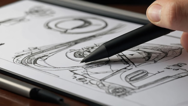 Photo digital pen resting on a graphic tablet with creative sketches symbolizing innovation and art