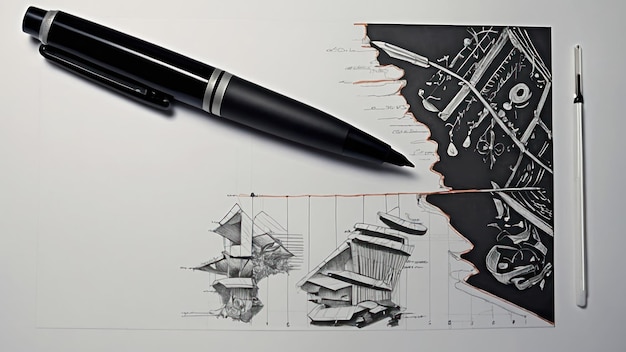 Photo digital pen resting on a graphic tablet with creative sketches symbolizing innovation and art