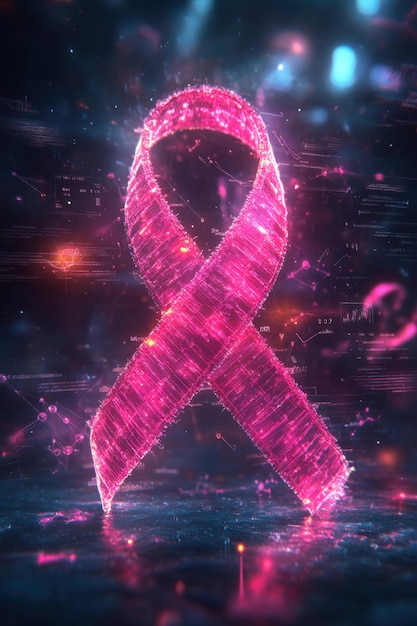 Digital pink ribbon symbolizing breast cancer awareness with futuristic holographic elements