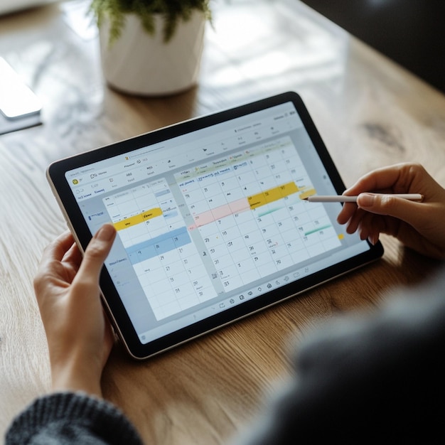 A digital planner on a tablet with time management tools and scheduling features