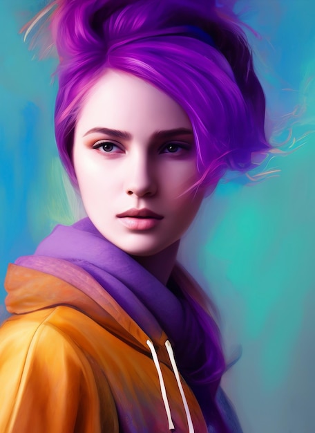 Digital portrait of a beautiful face. Illustration of a beautiful girl with purple hair