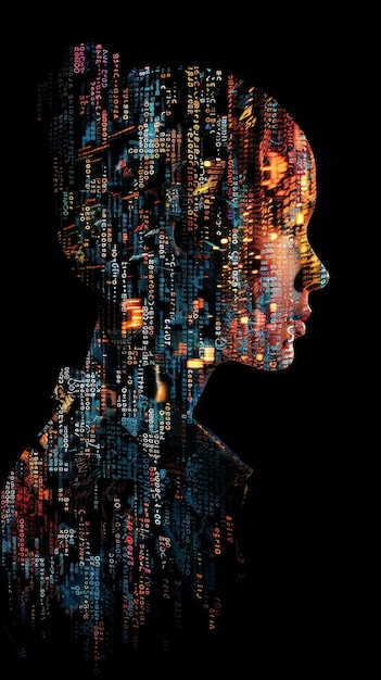 Digital Portrait of a Woman Composed of Binary Code and Numbers