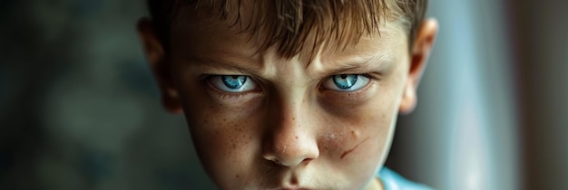 A digital portrait of a young boy showing a facial expression of jealousy and contempt The characte