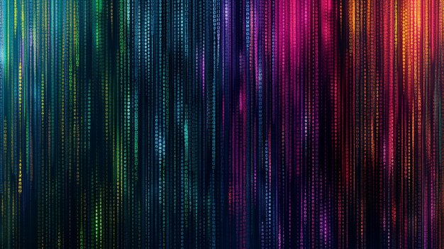 Photo digital rain of colorful binary code cascading down representing data flow in vibrant glowing hues