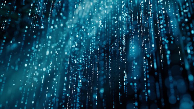 Photo digital rain matrix background on dark blue