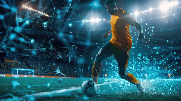 Photo in a digital realm a soccer player merges cyber connectivity and virtual stadia aig62