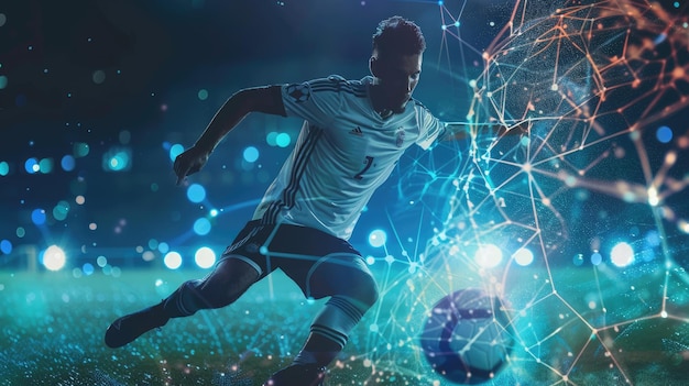 Photo in a digital realm a soccer player merges cyber connectivity and virtual stadia aig