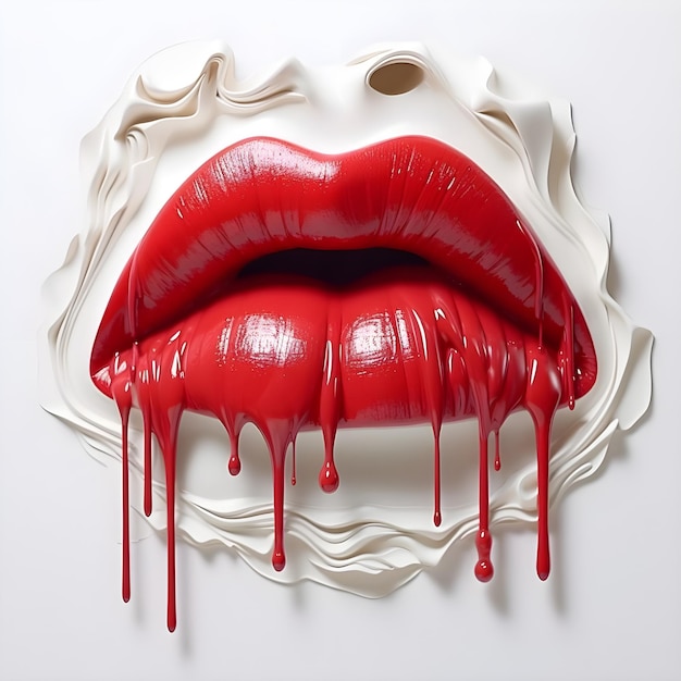 Digital red pink funny lips on white background oil dripping open mouth