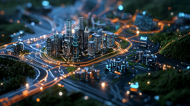 A digital render of a smart city with interconnected systems focusing on technologydriven habitats