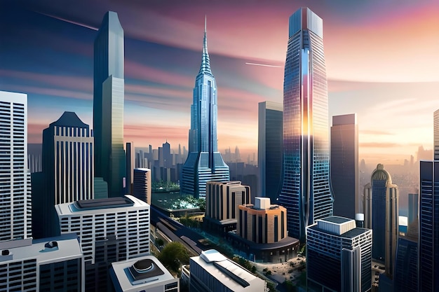 A digital rendering of a city skyline with a sunset in the background.