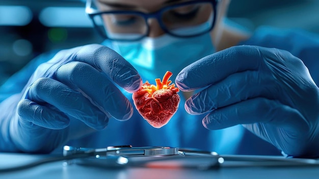 Photo a digital rendering of a heart transplant surgery in progress with focus on the surgeons hands