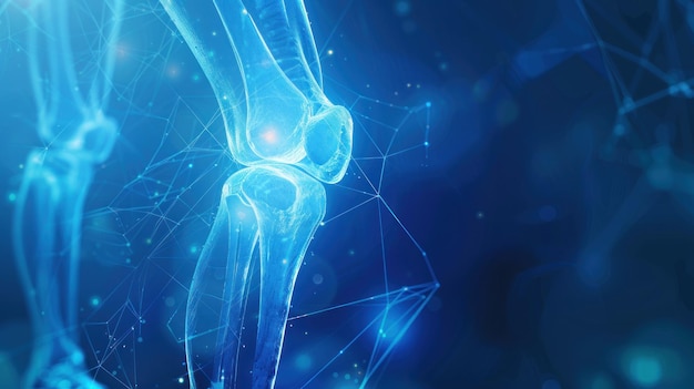 A digital rendering of a human knee joint enveloped in a network of glowing lines