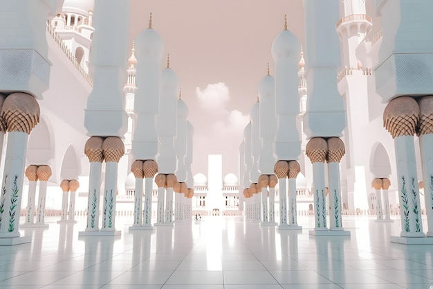 A digital rendering of a mosque with a white building in the background.