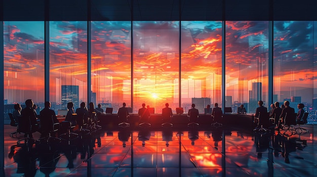 a digital rendering of people sitting in a large room with a sunset in the background