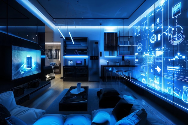 A digital rendering of a smart home interior with glowing random holographic icons representing various connected devices and appliances